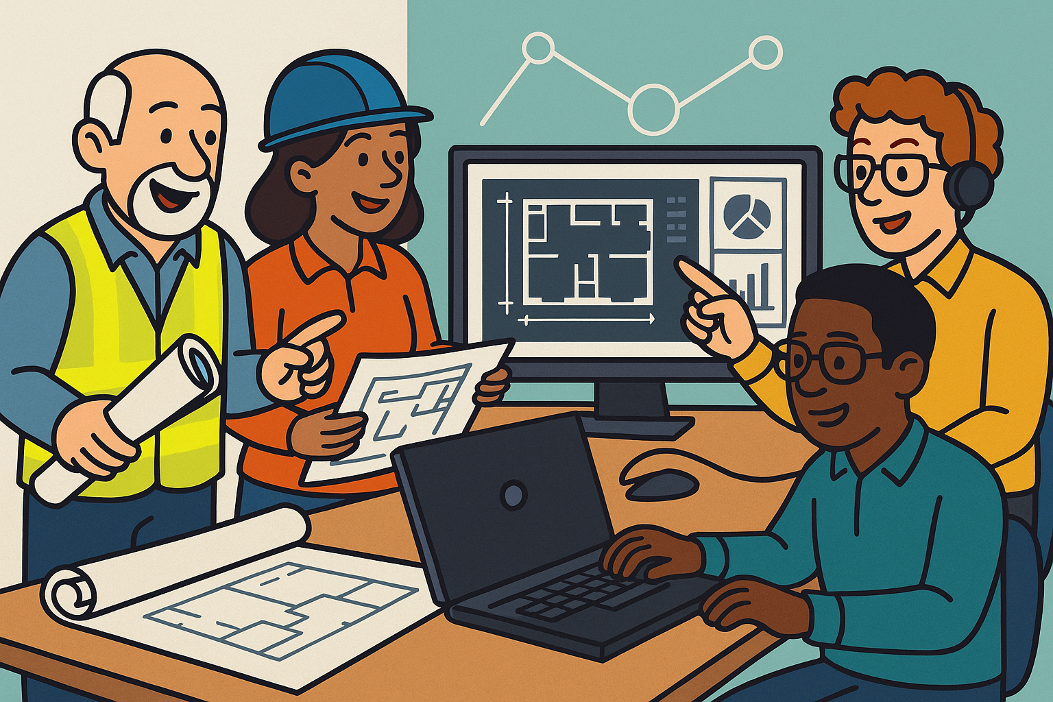 Cartoon team of project proffessionals able to work on any delivery type