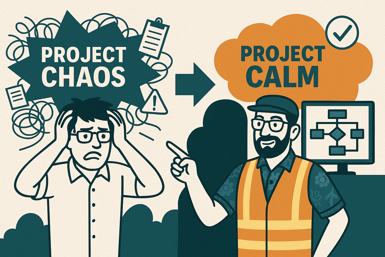 Cartoon of showing project chaos versus project calm