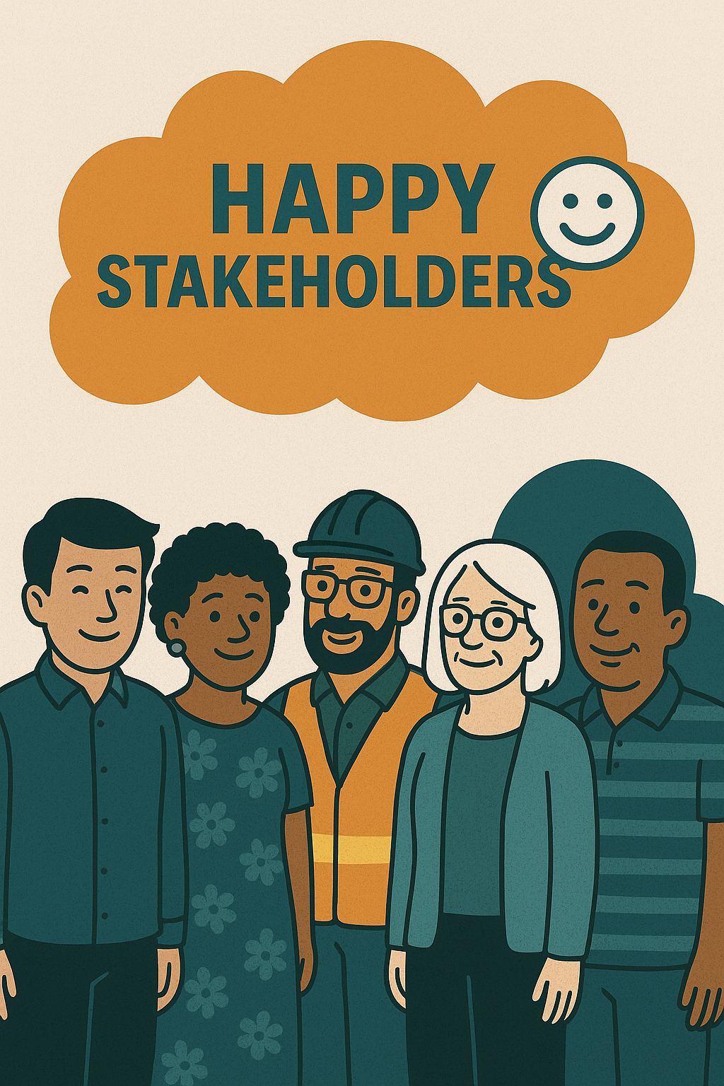 Cartoon of lots of different stakeholders and their construction project manager looking calm and happy