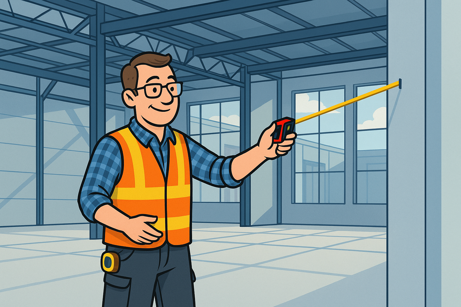 Cartoon of a project manager measuring a commercial space with a laser and tape measure