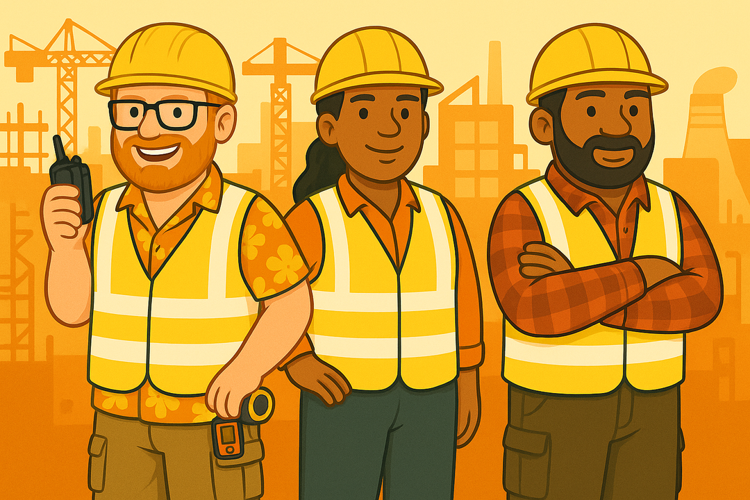 Cartoon Programme Management Team in hi-vis vests – summer site setup