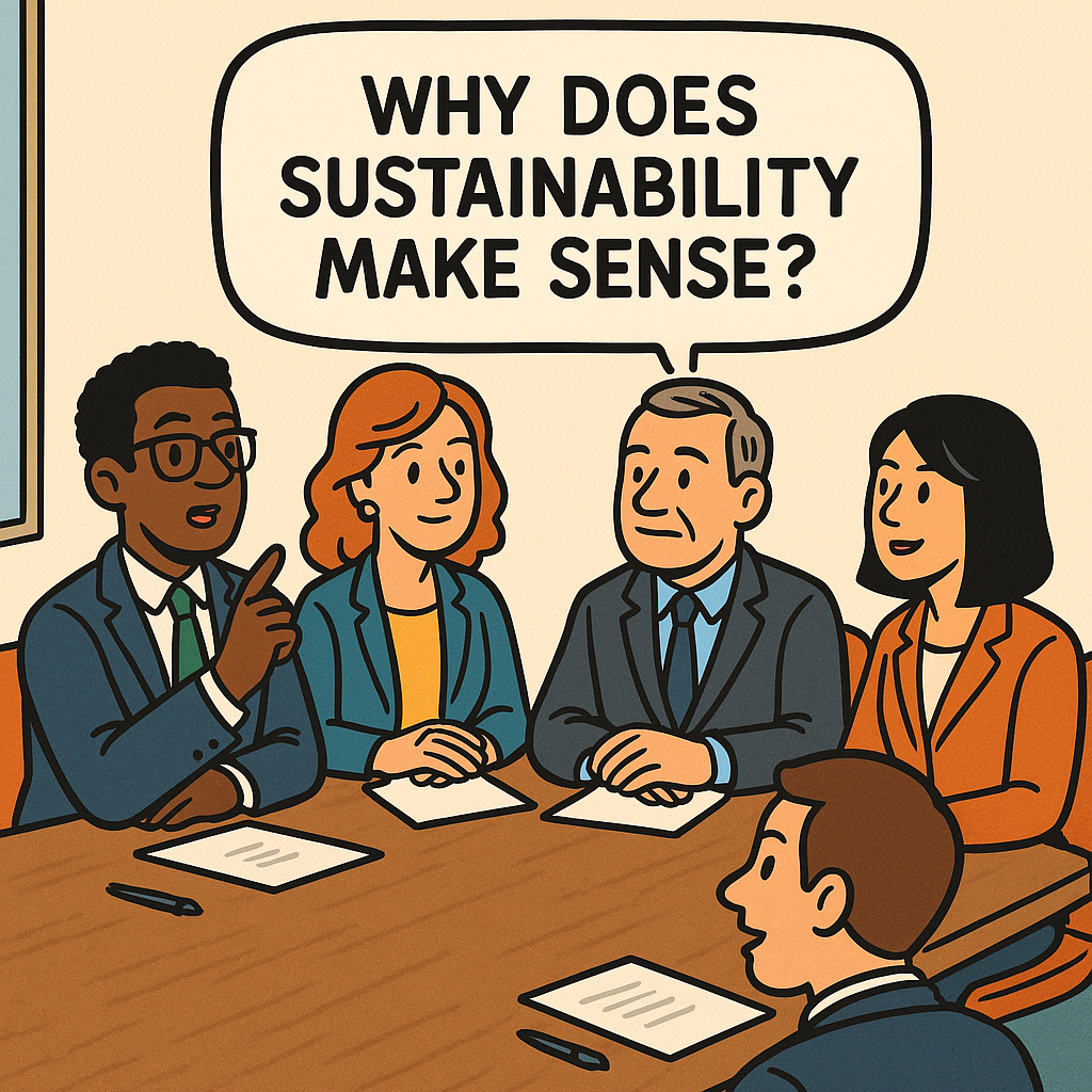 Cartoon illustration of a C-suite meeting with executives around a conference table. One attendee asks, ‘Why does sustainability make sense?’ highlighting board-level discussions on business value of sustainability.