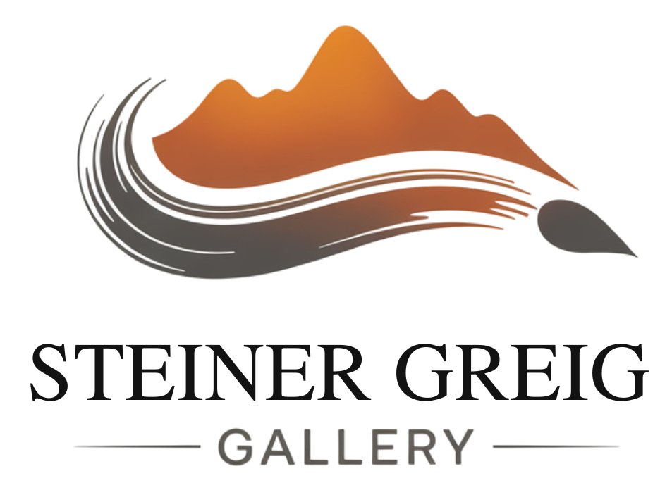Logo for Steiner Greig Gallery: mountain design with brushstroke; words 