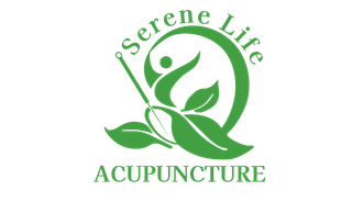 A logo for serene life acupuncture with chinese writing