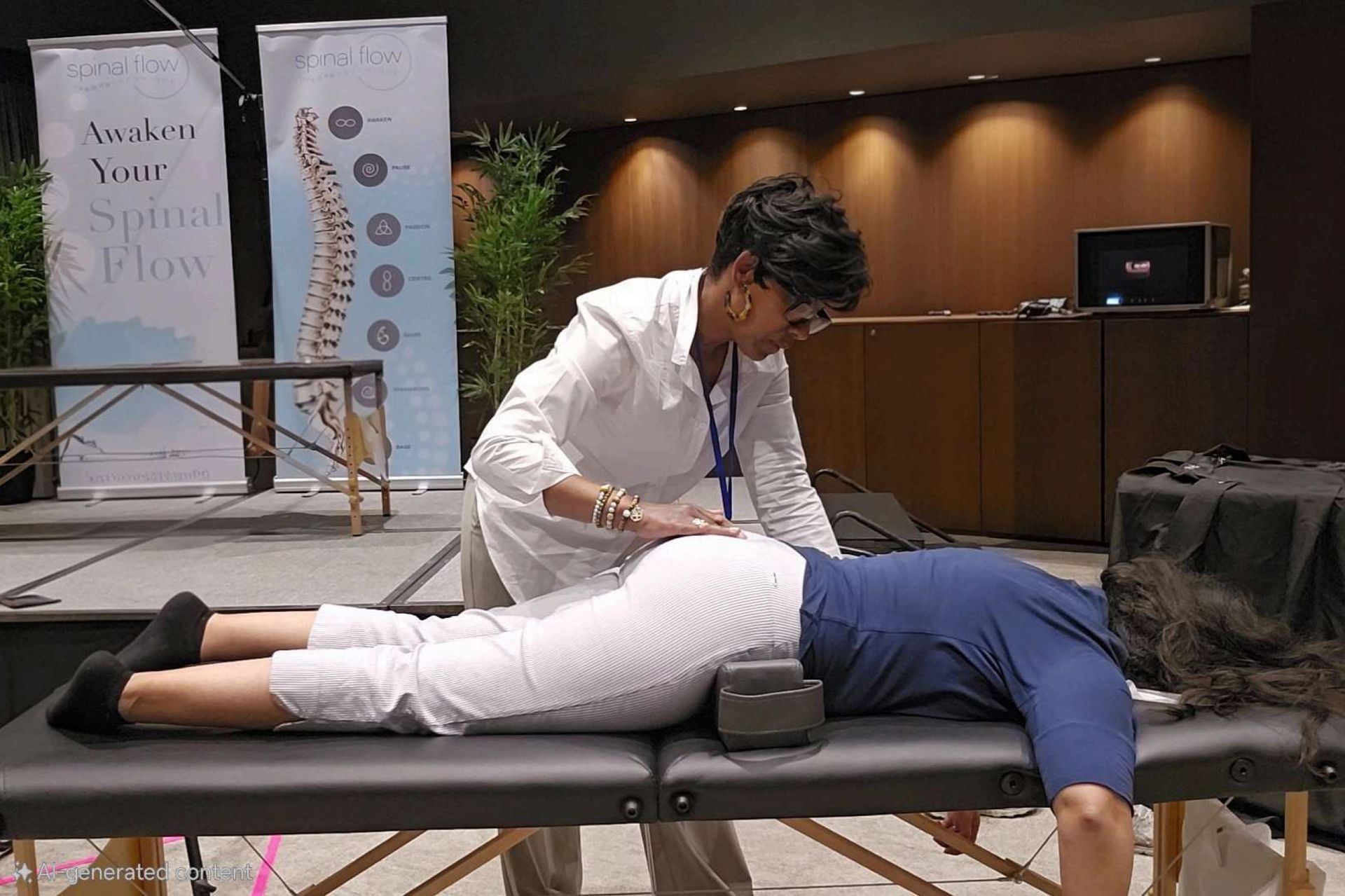 Woman examining patient's spine on a massage table, with a banner about spinal health in the background.