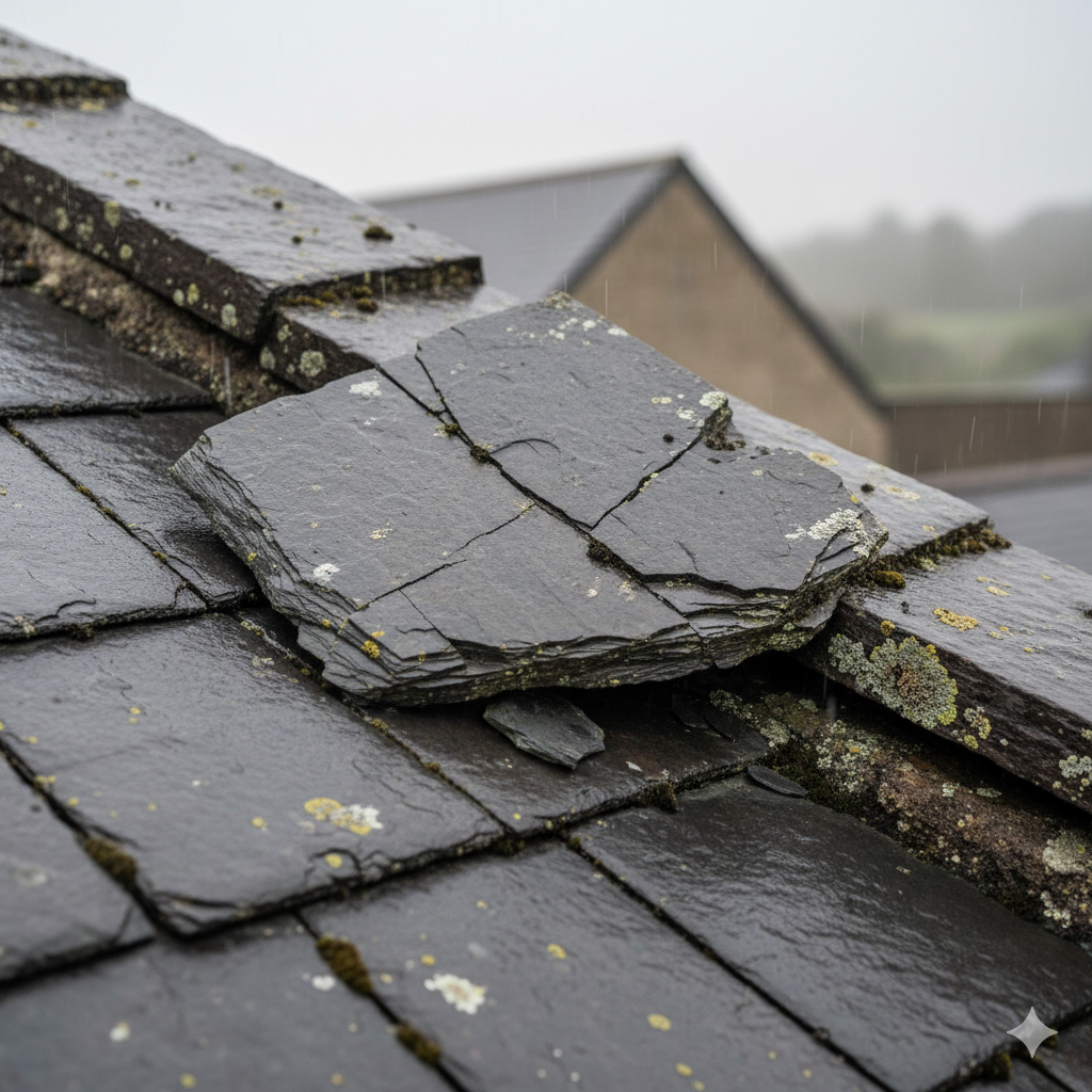 A damaged slate roof tile, cracked and loose, in an outdoor setting; rain is falling.