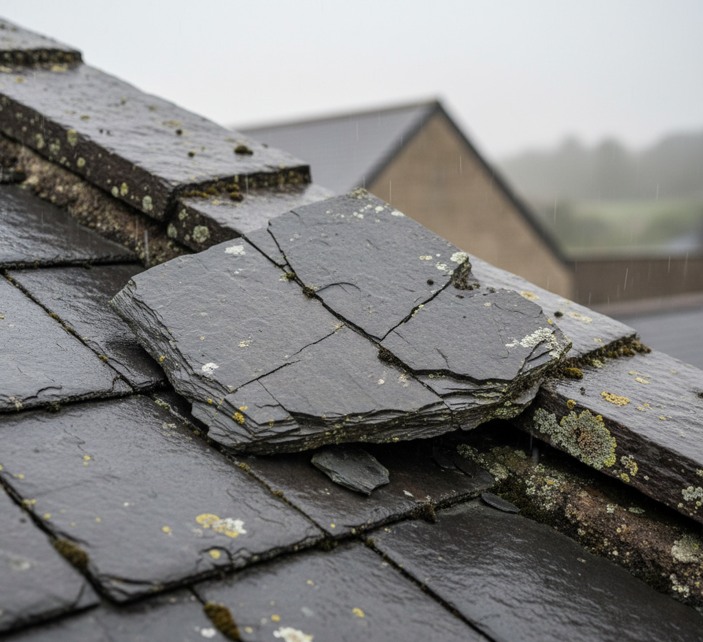 Close-up of cracked slate roof tile in the rain, with a blurry background of other buildings and landscape.