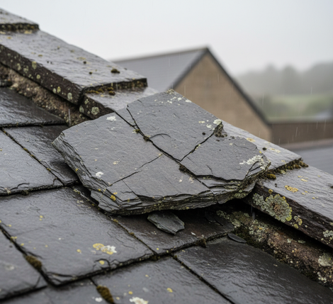 Damaged slate roof with cracked tile, wet from rain.