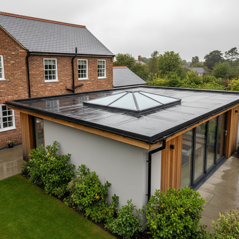 Modern extension with a flat roof, skylight, and sliding glass doors, attached to a brick house.
