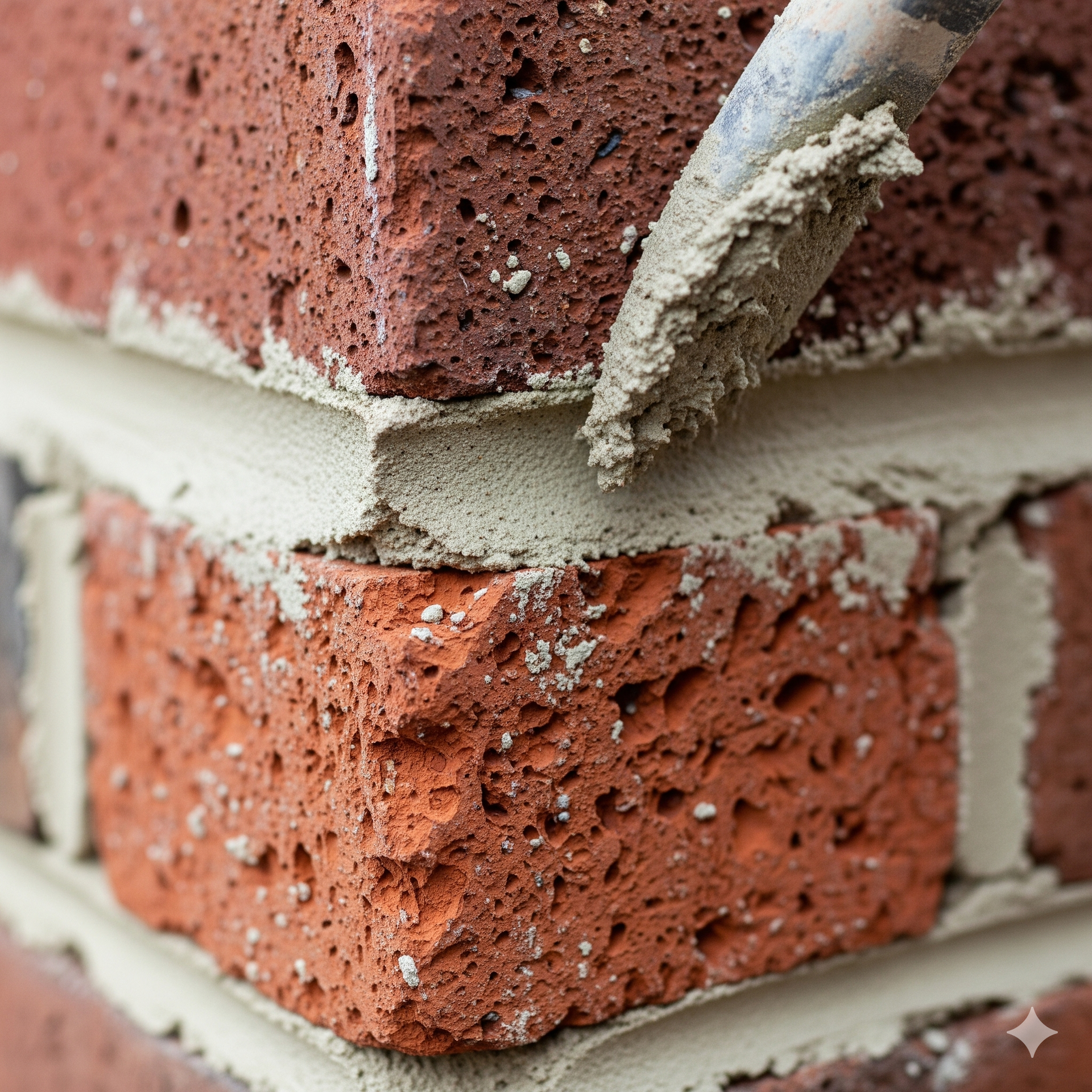 Close-up of brick corner being mortared with a trowel; red-brown brick, gray mortar.
