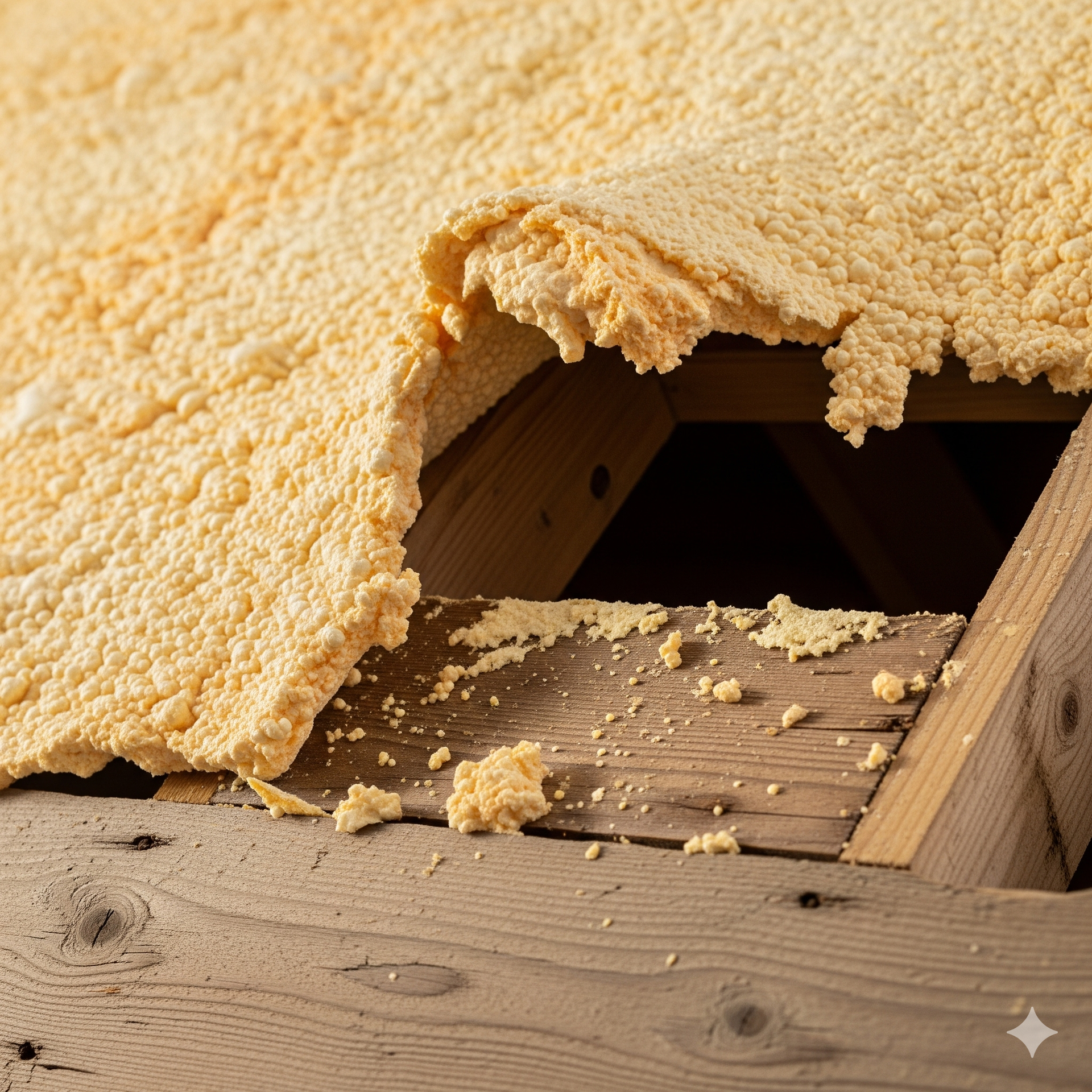 Yellow spray foam insulation in a wooden attic space.