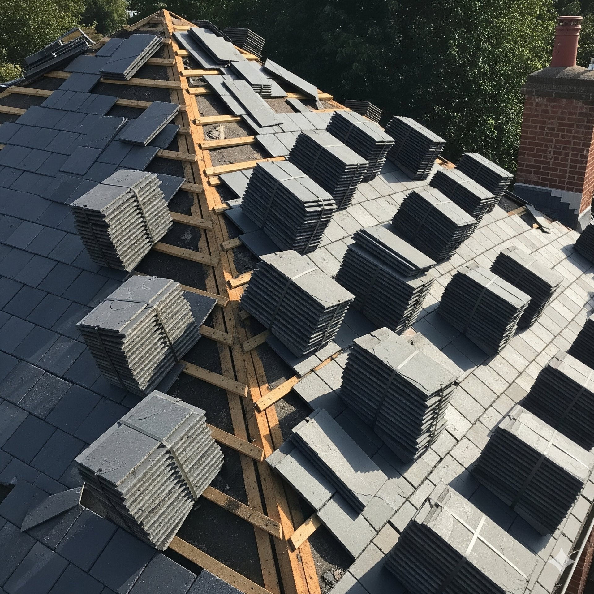 Rooftop partially covered with dark gray roofing tiles; wooden beams and stacked tiles visible.