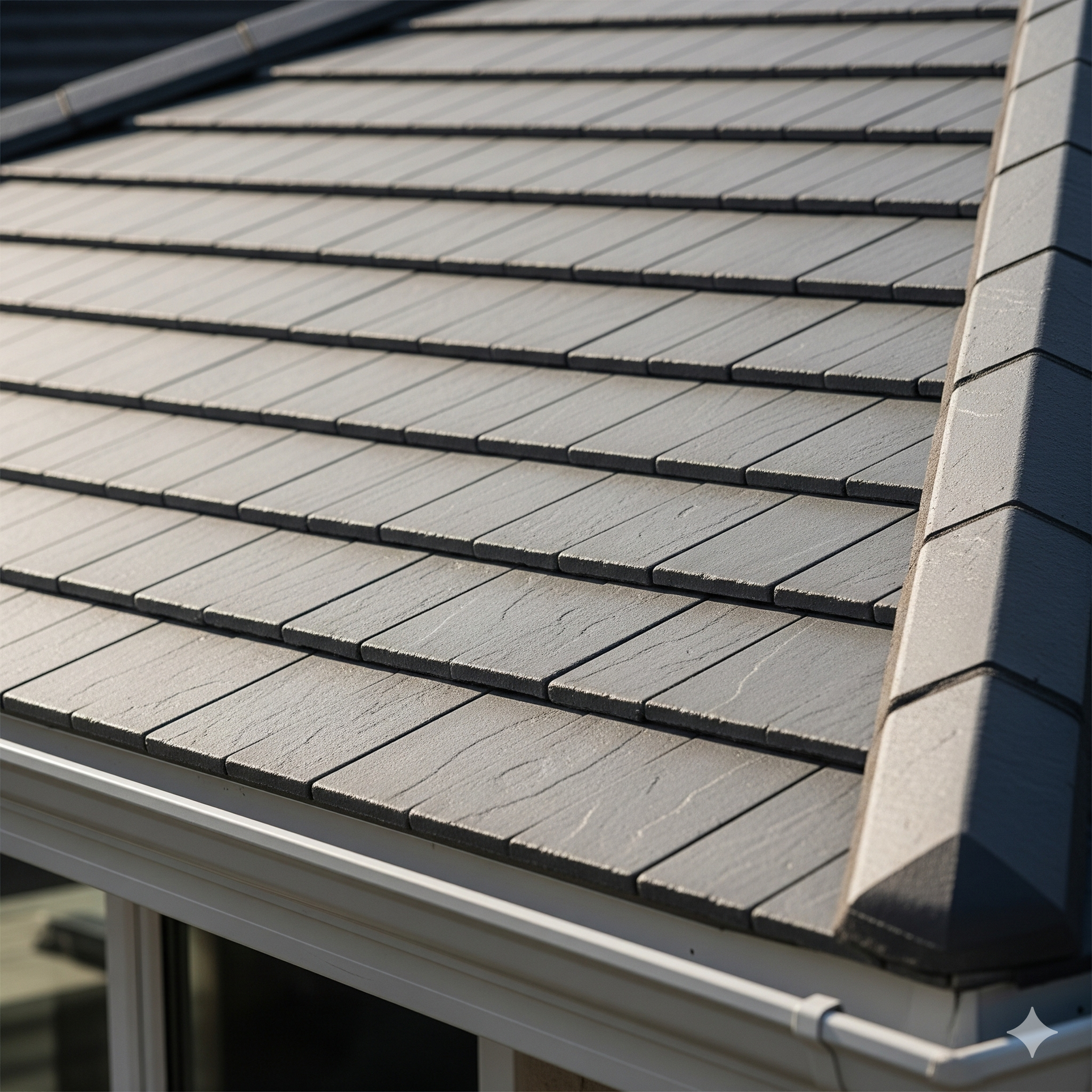 Close-up of a gray rooftop with visible shingles, white gutter, and a hint of a window.
