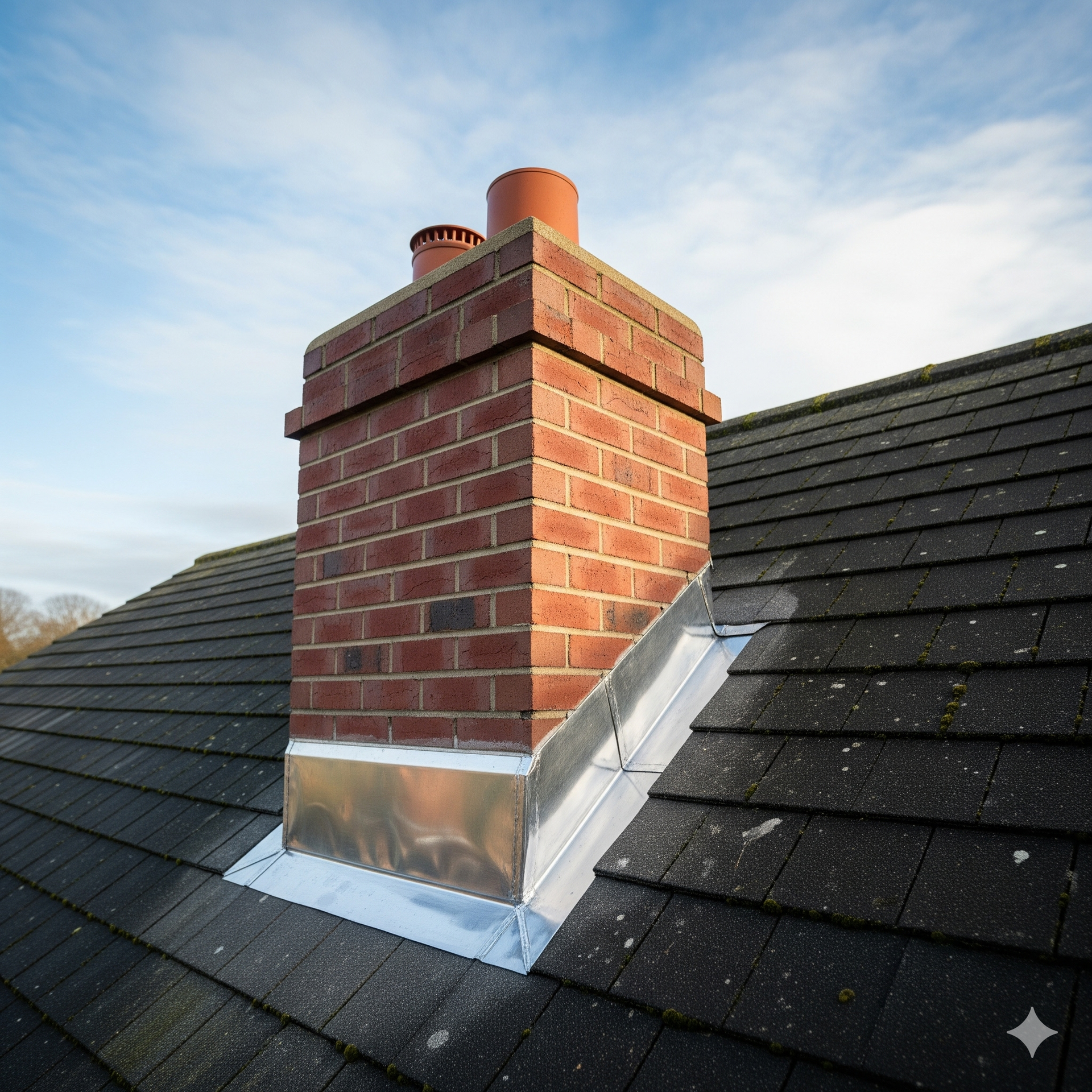 Brick chimney on a black shingle roof with metal flashing; blue sky background.