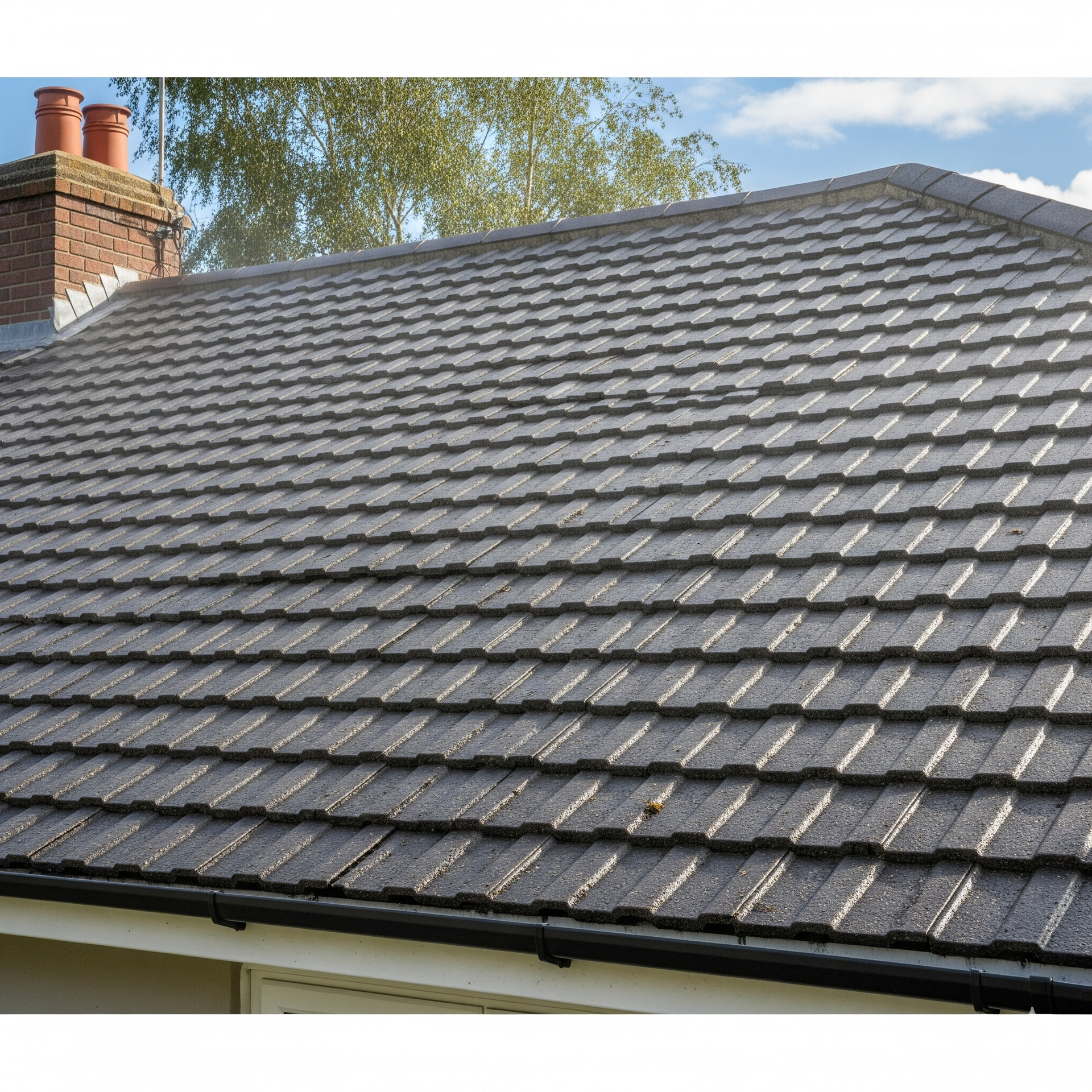 Gray tiled roof of a house with a brick chimney and blue sky visible.