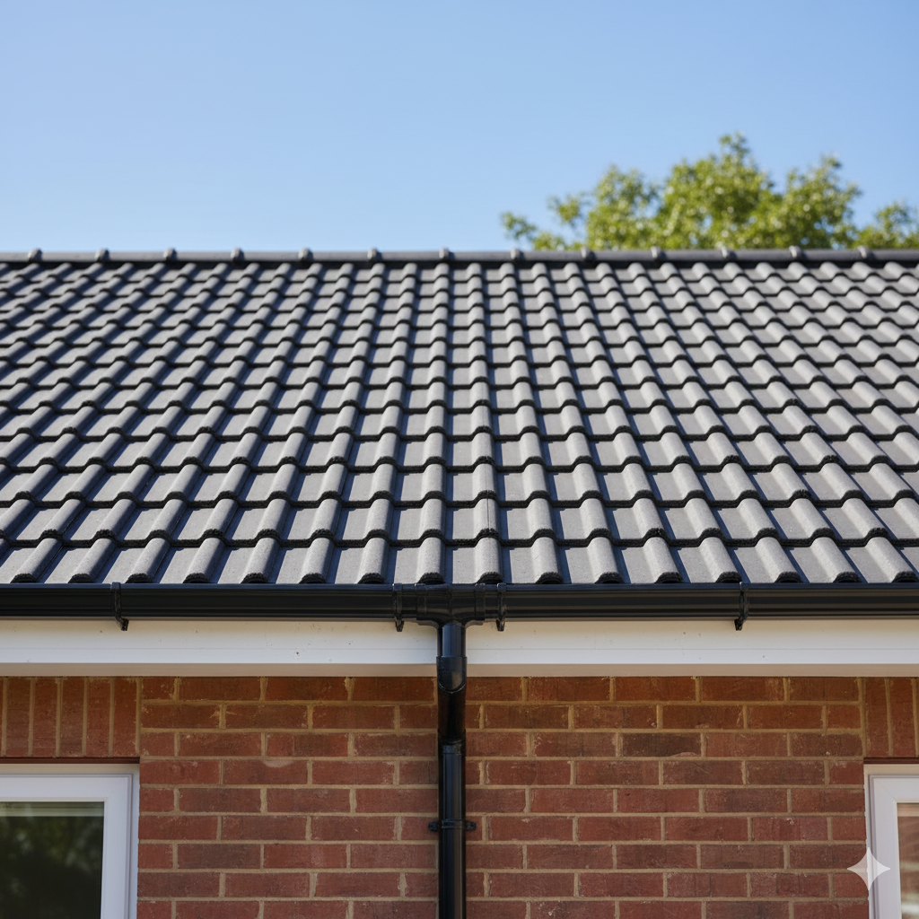 Brick building with black tiled roof and gutter against a clear blue sky.