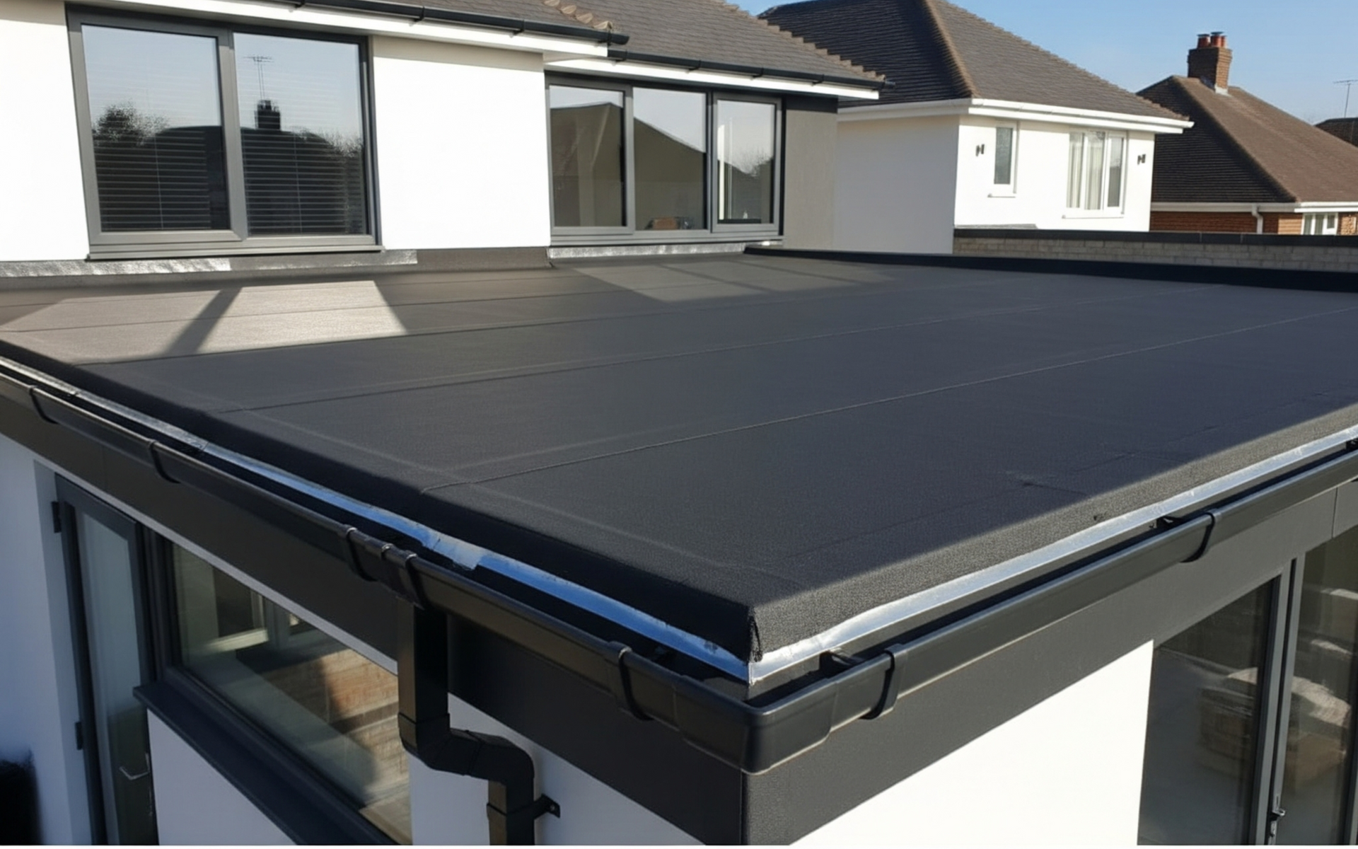 Black flat roof with dark gutters on a white building, sunny day.