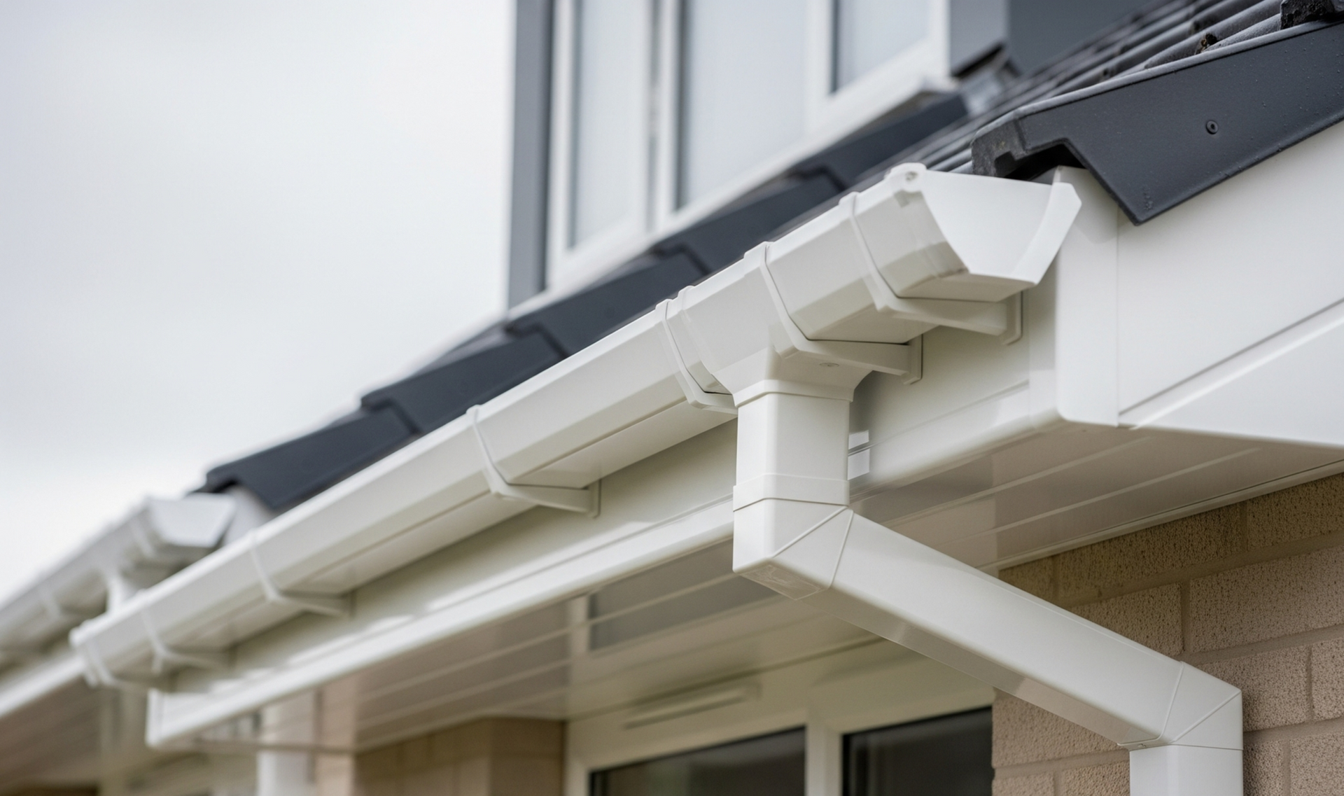 White rain gutters attached to a house with a dark roof and brick exterior.