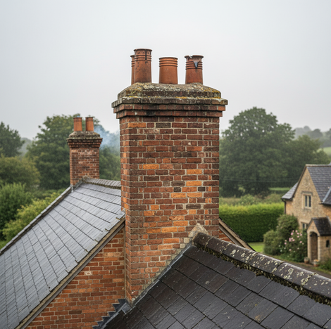 Brick chimneys on a slate roof, with trees and a house in the background on a misty day.