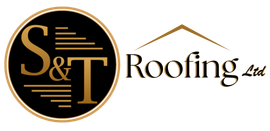 Logo for S&T Roofing Ltd: Gold text and circle with black background, roofline icon.