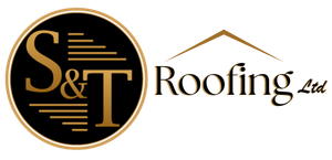 Logo for S&T Roofing Ltd featuring a circular design with initials and roof outline.