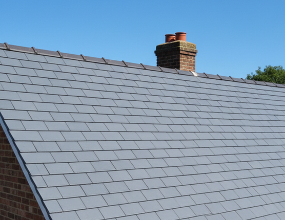 Gray tiled roof with a brick chimney and blue sky.