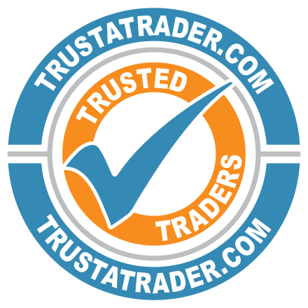 Logo: "TRUSTATRADER.COM" seal, blue checkmark, orange circle, white border, text "Trusted Traders."