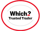 Which? Trusted Trader logo: red and white circle with black text.