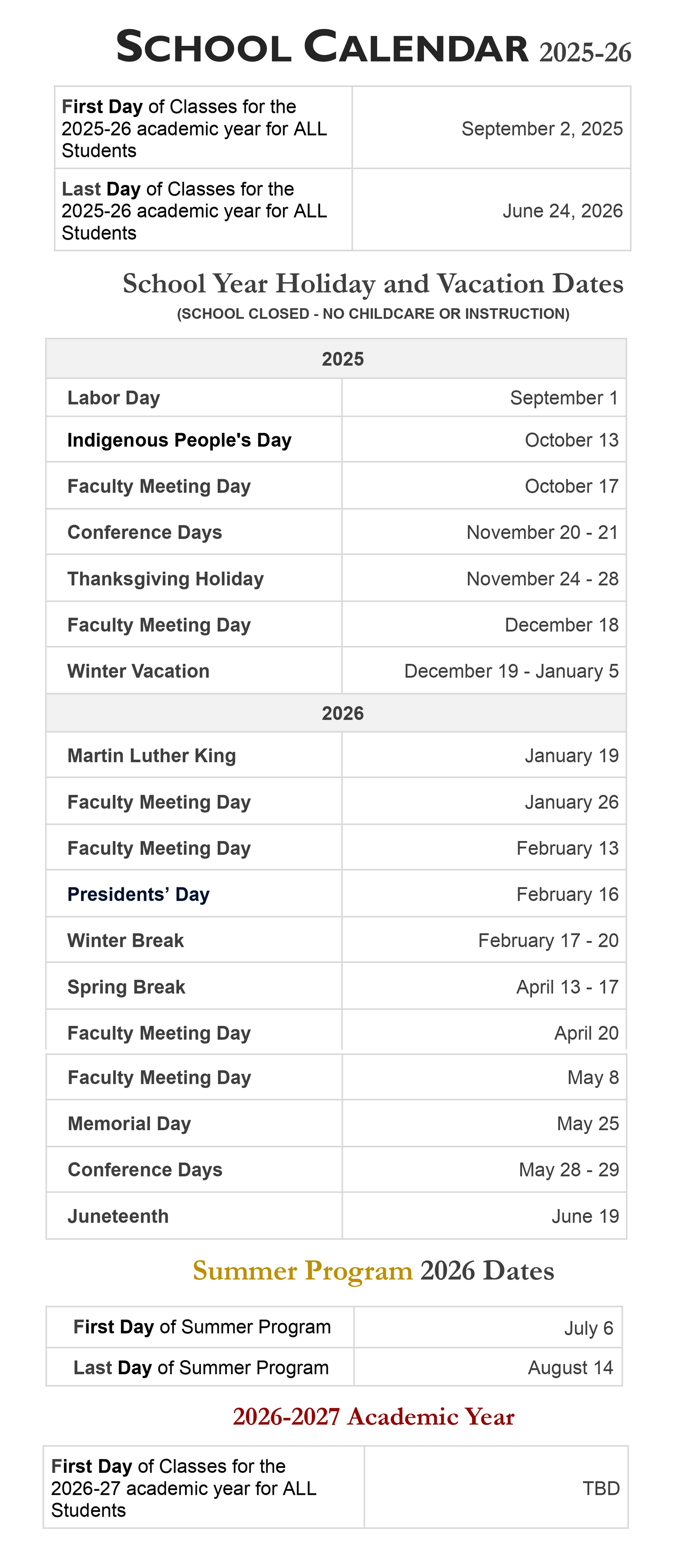 The Renaissance International School Calendar 2025-2026