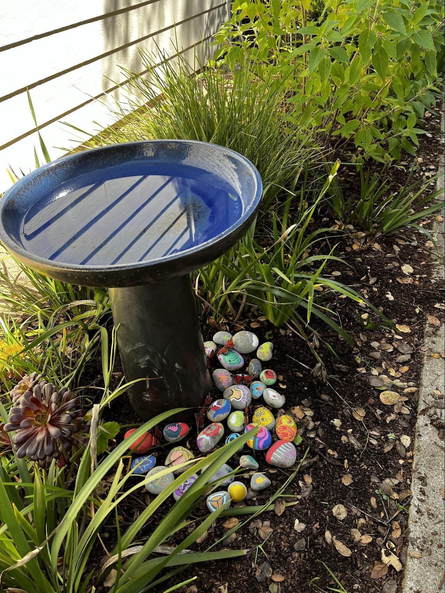 A bird bath is sitting in the middle of a garden surrounded by rocks.