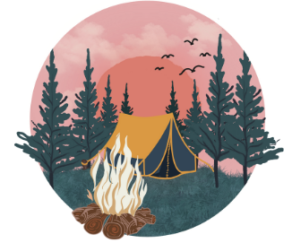 An illustration of a tent and a campfire in the woods