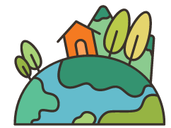 A cartoon illustration of a house on top of a globe surrounded by trees.