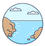 A cartoon illustration of a cliff overlooking a body of water.