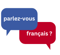 A blue and red speech bubble that says parlez-vous francais?