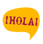 A yellow speech bubble with the word ¡HOLA!