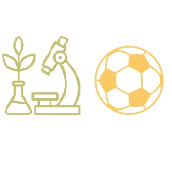 A microscope , a plant , and a soccer ball are shown on a white background.