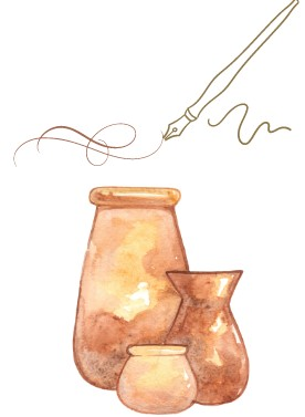 A watercolor painting of three vases and a pen.