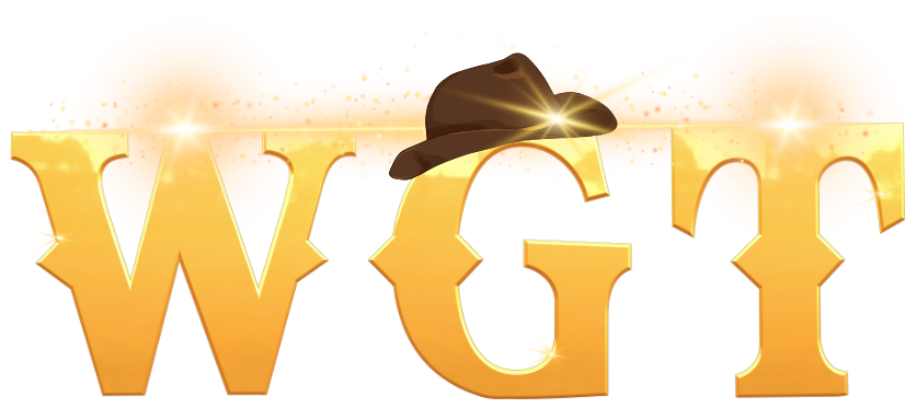 A gold logo with a cowboy hat on top of it.