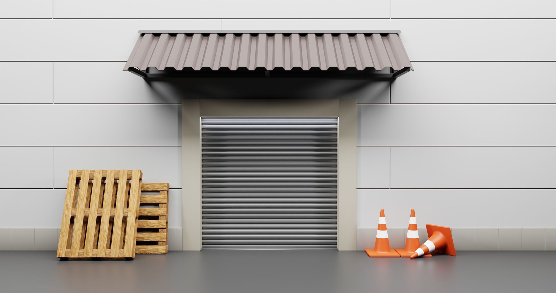 Warehouse entrance with a metal roll-up door, awning, wooden pallets, and traffic cones.