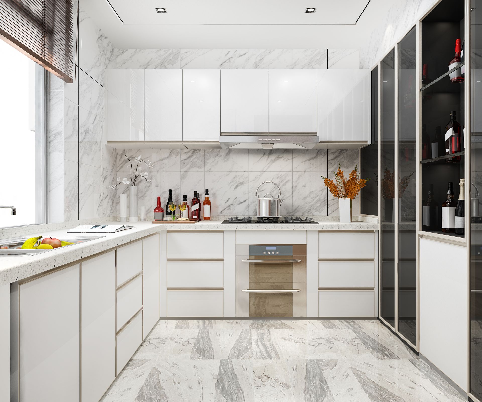 Modern white kitchen with marble accents and stainless steel appliances.