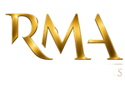Gold metallic “RMA” letters on a white background