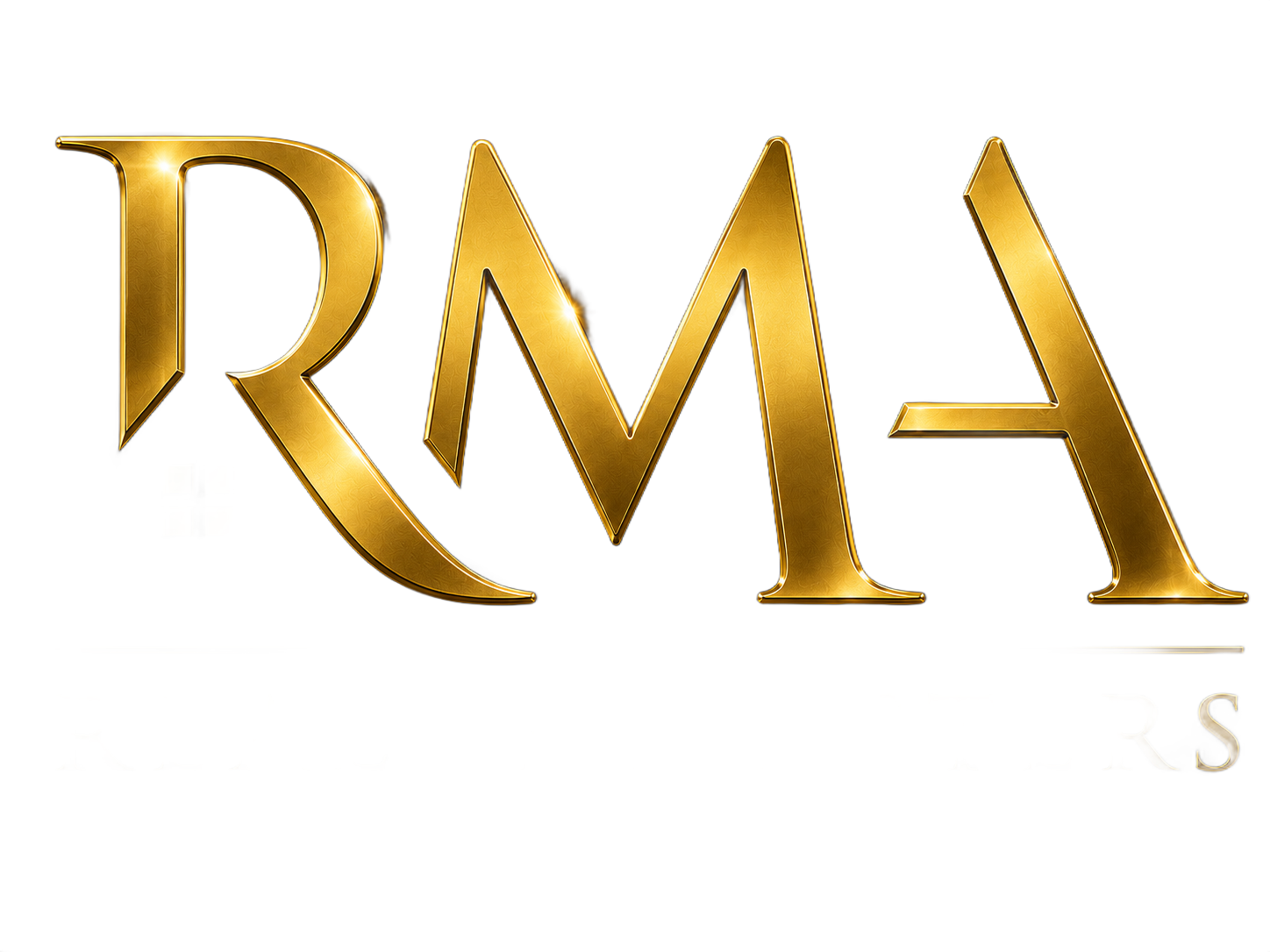 Gold metallic “RMA” letters on a white background