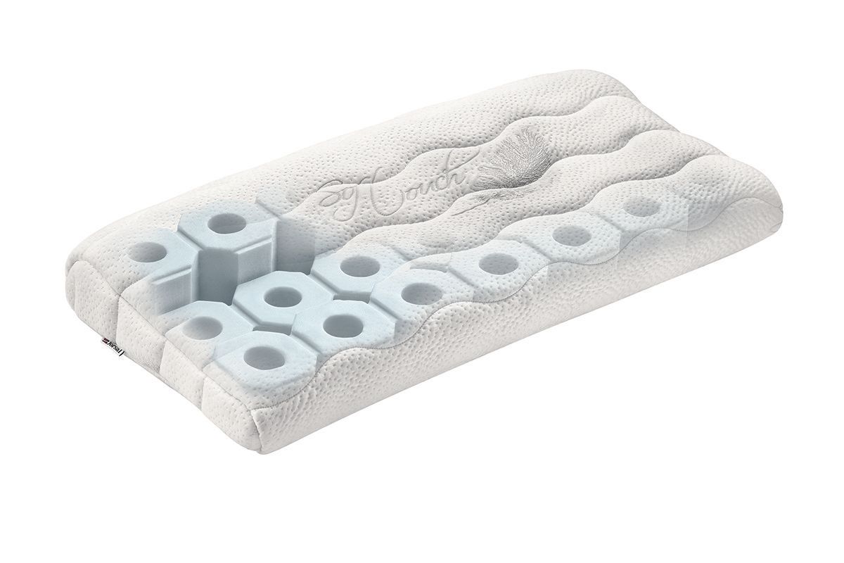 Cuscino bianco con fori a nido d'ape nel nucleo e motivi ondulati sulla superficie.