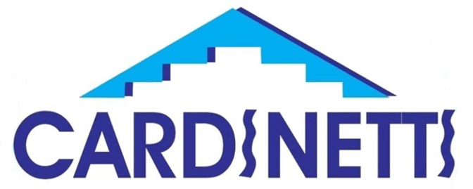 Logo per CARDINETT: testo blu con grafica del tetto blu.