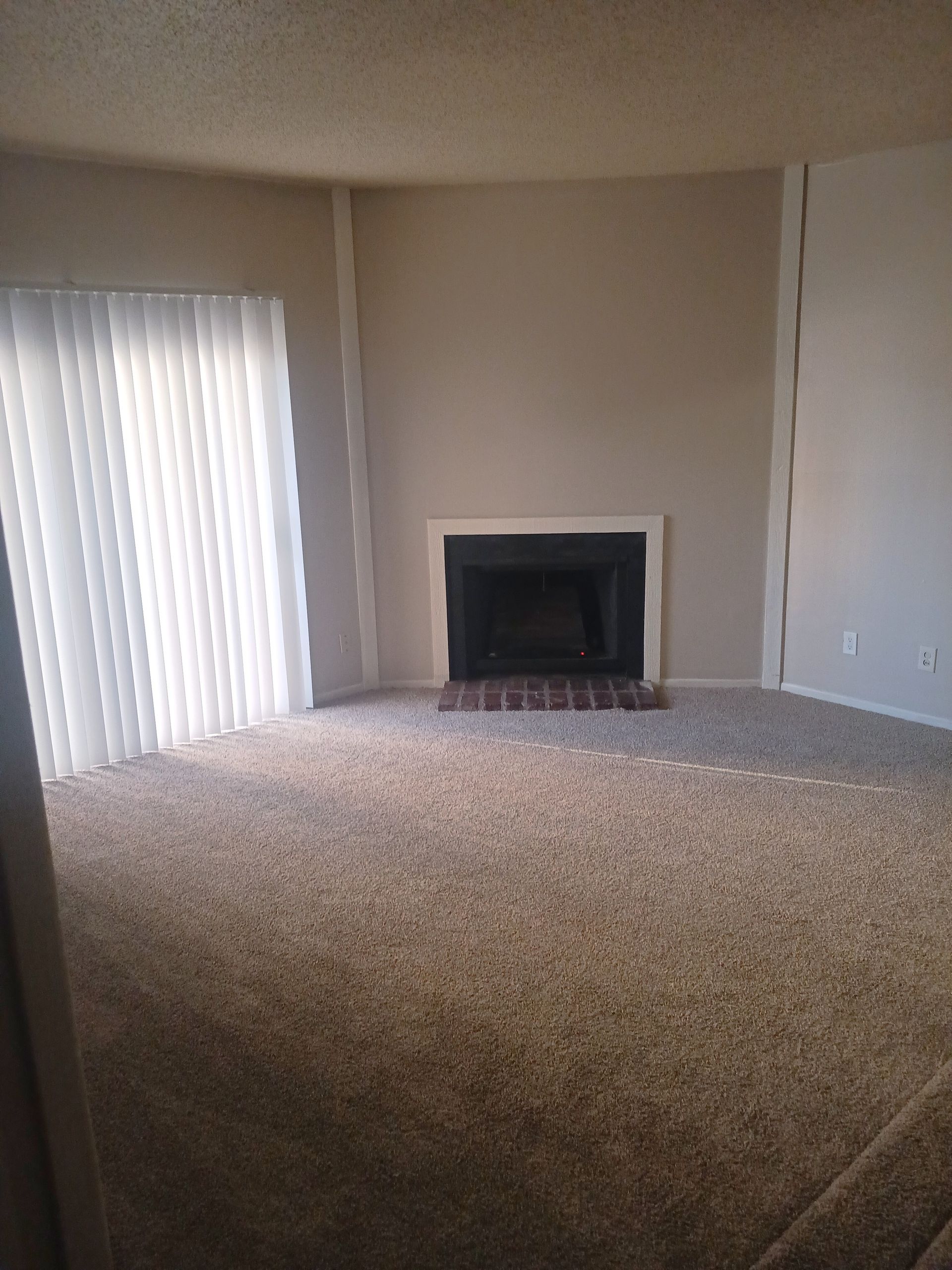 A living room with beige walls, fireplace, vertical blinds, and patterned carpet.