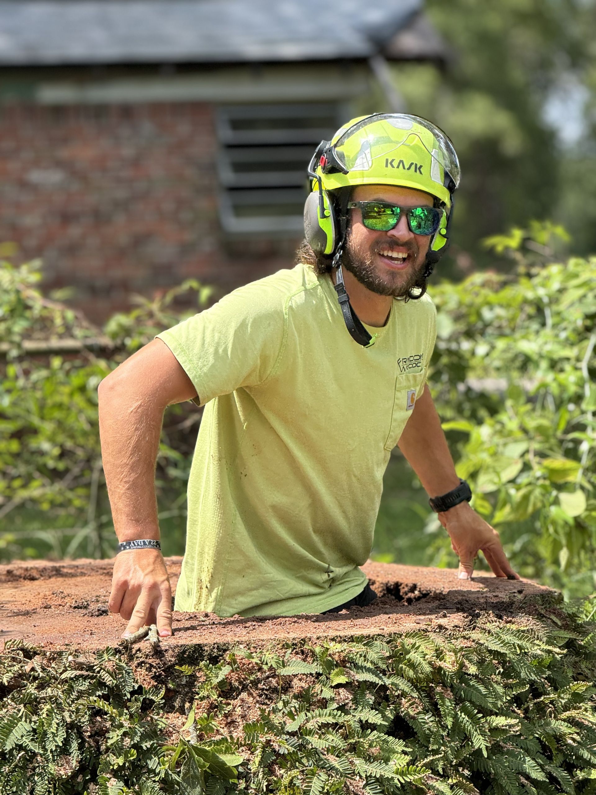 Man in safety gear smiles, leaning from a tree stump, near a brick building and foliage.