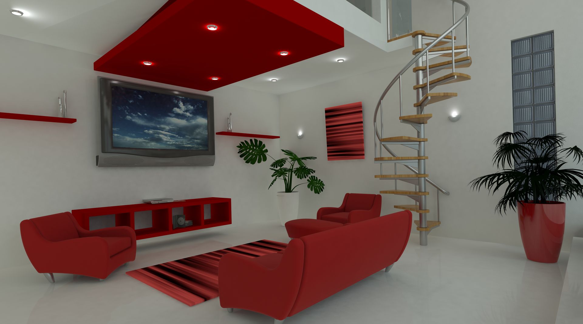 A living room with red furniture and a spiral staircase