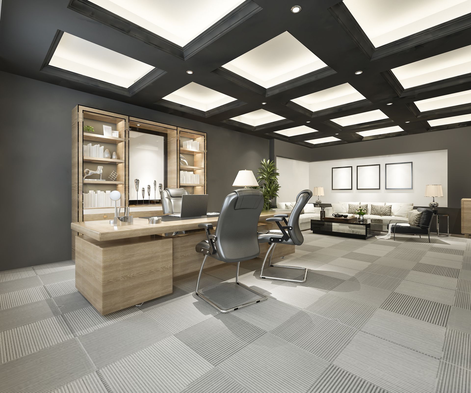 A modern office with a desk and chairs.