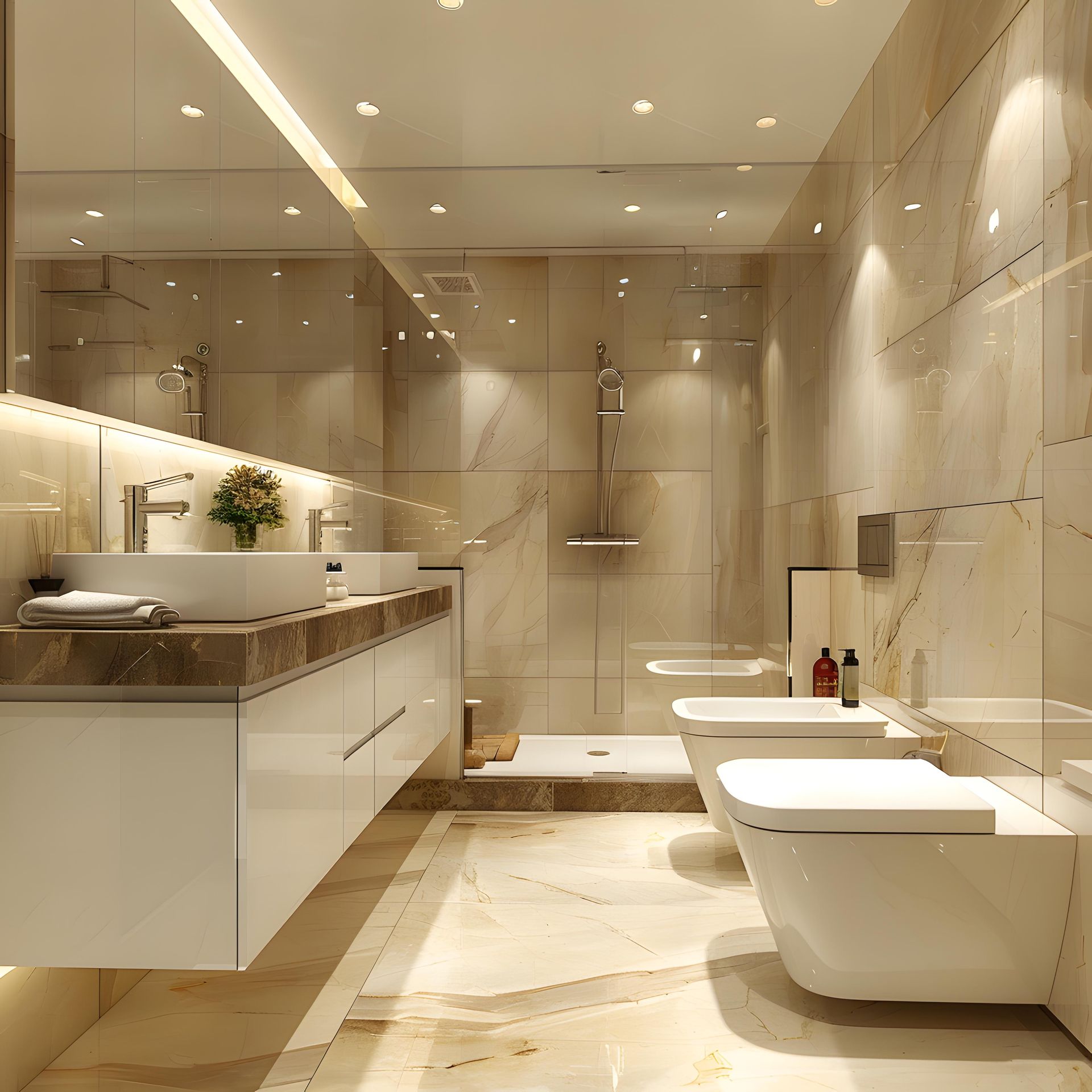 A bathroom with two sinks , two toilets and a shower.