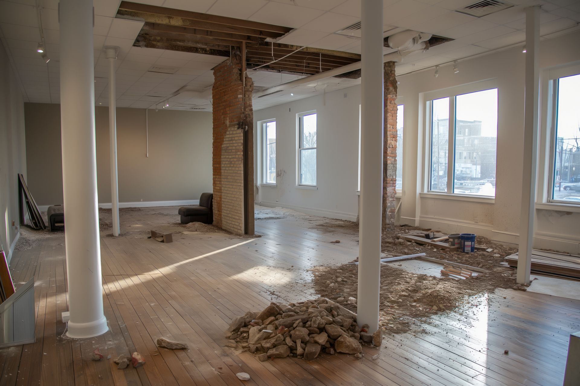 Interior of a room under construction, with exposed brick, piles of debris, and white pillars.